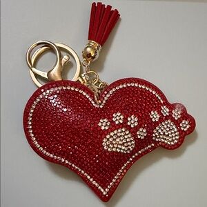 Red Rhinestone Heart Paw Keychain with Tassel
